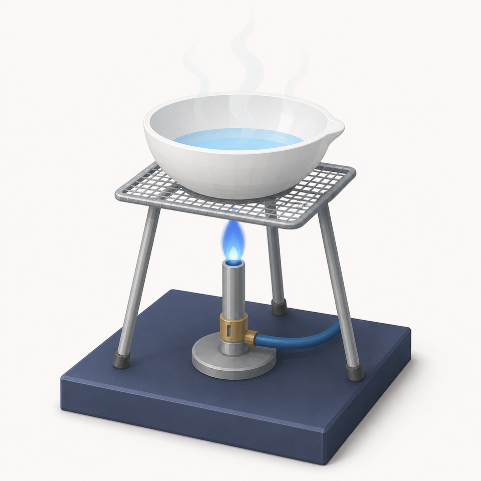 An evaporating dish of blue solution heated on a tripod over a Bunsen flame, steam rising