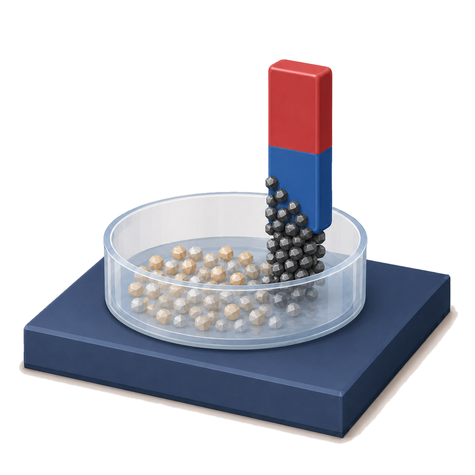Bar magnet separating iron filings from a mixture